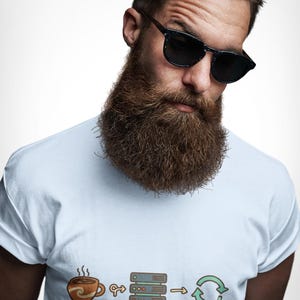 May include: A light blue t-shirt featuring a graphic print with a brown coffee cup, a stack of three gray servers, and a green recycling symbol, connected by arrows with the text Coffee, Servers, and RePeat printed in brown below.