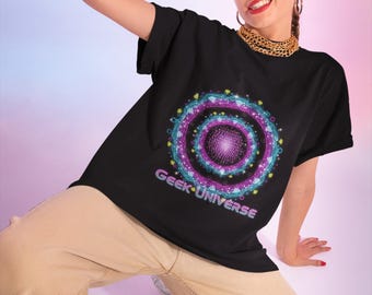 Camiseta Geek Universe Circle, camiseta retro de ciencia ficción con estampado neón, regalo unisex llamativo para geeks, gamers y entusiastas de la ciencia ficción.