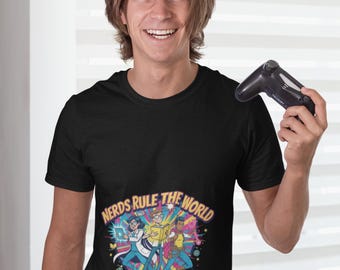 Camiseta unisex "Los nerds dominan el mundo", camiseta retro con estampado de cómic científico para gamers, camiseta con humor tecnológico y de cultura geek.