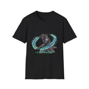 May include: Black t-shirt featuring a warrior graphic with a sword and a teal energy aura. The text "- Code Warrior" is below the warrior image. The shirt is made of a soft material.