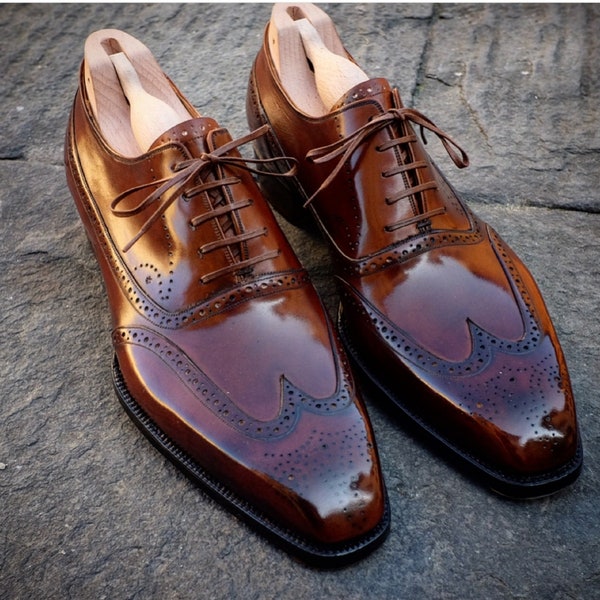 Bespoke Handmade Brown Color Genuine Leather Lace Up Wing Tip Brogues Oxfords Men's Shoes