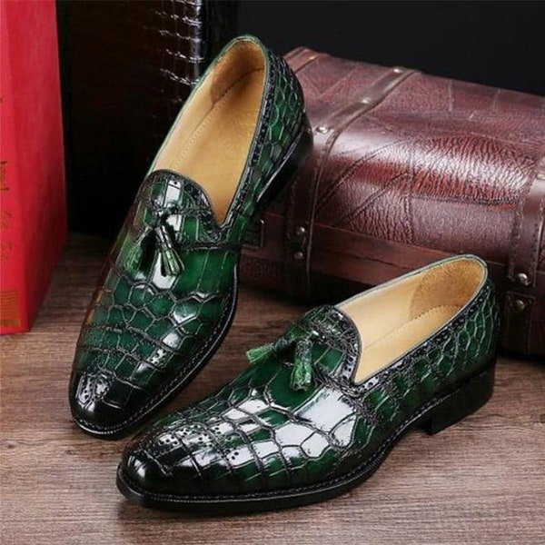 Bespoke Handmade Green Color Genuine Alligator Textured Leather Moccasin Loafer Men Shoes