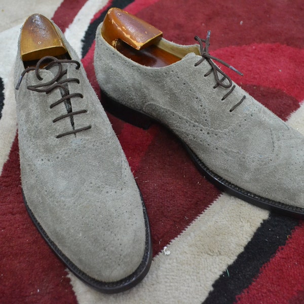 Bespoke Handmade Grey Color Genuine Suede Wing Tip Brogues Oxford Men's Shoes