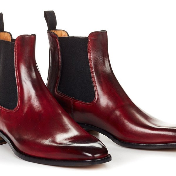 Bespoke Handmade Burgundy Color Genuine Leather Chelsea Ankle High Men Boots