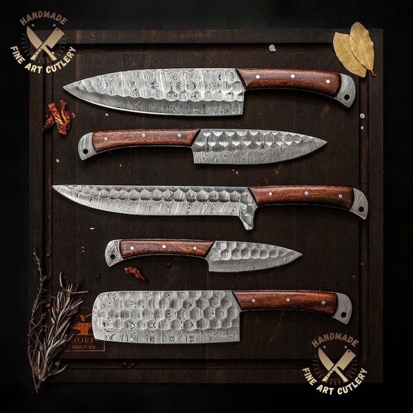 Custom Handmade Damascus Chef set, Kitchen Use Set, Best Birthday And Anniversary Gift, 5 Pieces Chef Set, Gift For Everyone