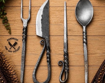 Hand-Forged Iron Cutlery Set, Medieval Dining Utensils, Leather Cover, 4 Piece Set