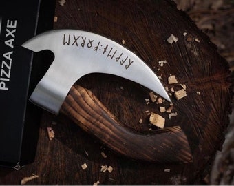 De originele aangepaste handgesmede pizzabijl, Viking Bearded Camping Axe, Viking pizza cutter bijl, Beste kerst- en jubileumcadeau voor hem