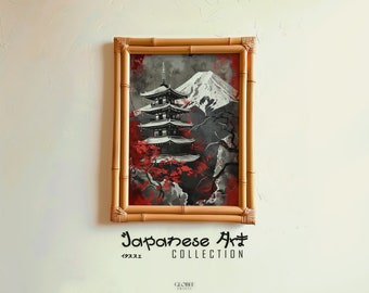 Japanese Temple On Mountain Art Antique Asian Art Japanese Printable Art Mountain View Red And Grey Watercolor Art Print Japandi Décor 080
