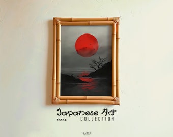 Japanese Red Sun Ocean Watercolor Art Antique Asian Art Japanese Printable Art Samurai Red And Black Watercolor Art Print Japandi Décor 075