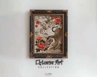 Chinese Tiger Zodiac Sign Antique Chinese Art China Printable Art White and Orange Vintage Print Chinese Zodiac Cat Art 102