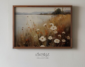 Printable Wildflower Lake Landscape Oil Painting Vintage Landscape Art Print Country Field Wall Art Digital Rustic Farmhouse Wall Art 112