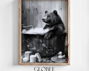 Beer die een bad neemt Vintage zwart-witte kunst Vintage muurkunst Grappige badkamermuurkunst Badkamer Vintage stijl Poster Toilet Humor 352