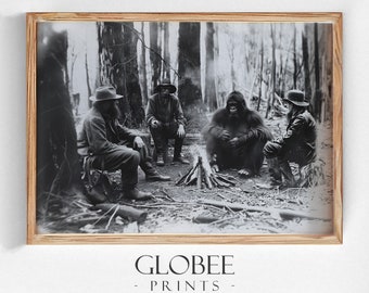 Bigfoot at Campfire - 1920s Black and White Photo (Digital Download)