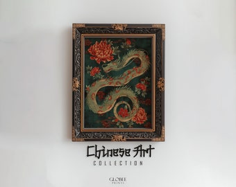 Chinese Lunar Year of The Dragon 2024 Oil Painting Antique Chinese Art China Printable Art Red and Green Vintage Print Chinese Zodiac 094