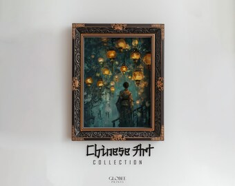 Woman Under Hanging Lanterns in China Oil Painting Antique Chinese Art China Printable Art Black and Dark Cyan Oil Print Chinese Zodiac 092