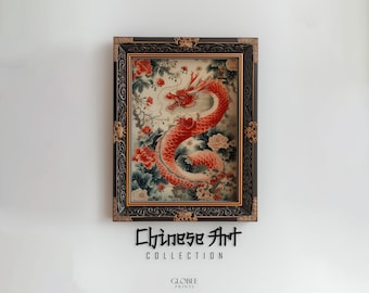 Chinese Lunar Year of The Dragon 2024 Oil Painting Antique Chinese Art China Printable Art Red and White Vintage Print Chinese Zodiac 093