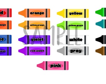 May include: A set of 15 crayon illustrations, each depicting a different color, with the color name written in black text on each crayon. The colors include red, orange, yellow, green, red-orange, yellow-orange, yellow-green, blue-green, blue, violet, white, black, blue-violet, red-violet, gray, brown, and pink.