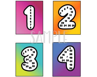 May include: Four colorful cards with numbers 1, 2, 3, and 4. Each number has a gradient background and the numbers are outlined in black. The numbers are filled with white and have black numbers inside them. The numbers are surrounded by a circle of numbers, starting with 1 and increasing by 2 for each number.