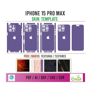 Puede incluir: Una plantilla digital para crear una piel para un iPhone 15 Pro Max. La plantilla muestra la parte delantera, la trasera y los lados del teléfono. La plantilla está disponible en los formatos PDF, AI, DXF, SVG y CDR. Se incluyen texturas gratuitas.