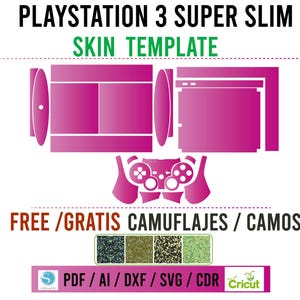 Könnte beinhalten: Eine digitale Vorlage für eine PlayStation 3 Super Slim Konsolenhaut. Die Vorlage umfasst die Konsole, den Controller und die Frontplatte. Die Vorlage ist in den Formaten PDF, AI, DXF, SVG und CDR verfügbar. Kostenlose Tarnmuster sind enthalten.
