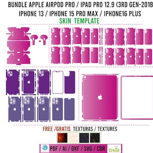 May include: A digital template for creating phone and tablet skins. The template includes designs for Apple Airpods Pro, iPad Pro 12.9 (3rd Gen-2018), iPhone 13, iPhone 15 Pro Max, and iPhone 16 Plus. The template is available in PDF, AI, DXF, SVG, and CDR formats. Free textures are included.