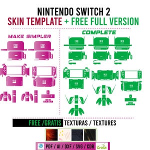 以下が含まれることがあります： Nintendo Switch 2のスキンテンプレートのテキストとイラストが描かれた白いグラフィック。テキストには「NINTENDO SWITCH 2」、「SKIN TEMPLATE + FREE FULL VERSION」、「MAKE SIMPLER」、「COMPLETE」が含まれています。画像にはピンクと緑のスキンのデザインが表示されています。