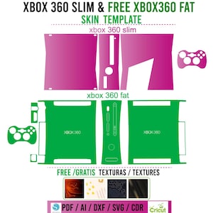 May include: A digital template for creating custom skins for the Xbox 360 Slim and Xbox 360 Fat consoles. The template includes a pink skin for the Slim console and a green skin for the Fat console. The template also includes a controller skin. The text "FREE/GRATIS TEXTURAS/TEXTURES" is displayed below the console skins. The text "PDF/AI/DXF/SVG/CDR Cricut" is displayed below the text "FREE/GRATIS TEXTURAS/TEXTURES".