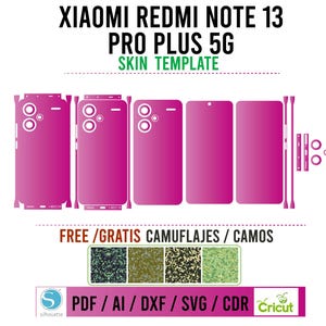 Puede incluir: Una plantilla de piel magenta para un teléfono Xiaomi Redmi Note 13 Pro Plus 5G. La imagen muestra las piezas de la piel, incluyendo la parte trasera, los laterales y el área de la cámara. El texto incluye "Skin Template" y "Free Camouflages".