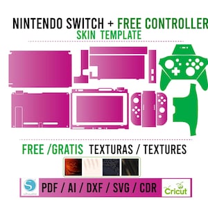 以下が含まれることがあります： ピンクとグリーンのニンテンドースイッチコンソールスキンテンプレートと無料のコントローラースキンテンプレート。テンプレートには、コンソールとコントローラーを覆うために必要なすべての部品が含まれています。テンプレートの下に「FREE/GRATIS TEXTURAS/TEXTURES」というテキストが表示されます。テンプレートの下に「PDF/AI/DXF/SVG/CDR」というテキストが表示されます。テンプレートの下に「Cricut」というテキストが表示されます。