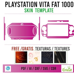 Puede incluir: Una plantilla de piel rosa para PlayStation Vita Fat 1000 con el texto "PLAYSTATION VITA FAT 1000" y "SKIN TEMPLATE" sobre la plantilla. La plantilla está dividida en dos partes, una para la parte frontal del dispositivo y otra para la parte posterior. La imagen también incluye cuatro texturas gratuitas para la piel, incluyendo una textura negra y dorada, una textura roja y naranja, una textura negra y blanca y una textura rosa y blanca. La imagen también incluye el texto "FREE/GRATIS TEXTURAS/TEXTURES" y "PDF/AI/DXF/SVG/CDR".