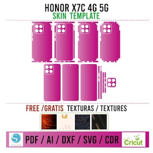 Op de afbeelding: Een roze en witte telefoonhuid sjabloon voor de Honor X7C 4G 5G telefoon. De sjabloon bevat alle onderdelen die nodig zijn om de voor-, achter- en zijkanten van de telefoon te bedekken. De sjabloon is beschikbaar in de formaten PDF, AI, DXF, SVG en CDR. Gratis texturen zijn ook inbegrepen.