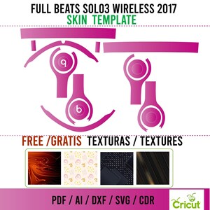 Puede incluir: Una plantilla rosa y blanca para personalizar los auriculares Beats Solo3 Wireless. La plantilla incluye una variedad de formas y tamaños para diferentes partes de los auriculares. El texto "FULL BEATS SOLO3 WIRELESS 2017 SKIN TEMPLATE" está en la parte superior de la imagen. El texto "FREE/GRATIS TEXTURAS / TEXTURES" está debajo de la plantilla. Se muestran cuatro texturas diferentes debajo del texto. El texto "PDF / AI / DXF / SVG / CDR Cricut" está en la parte inferior de la imagen.