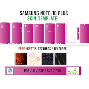 May include: A magenta skin template for a Samsung Note-10 Plus phone. The image shows various cutouts for the phone's body, with the text "SAMSUNG NOTE-10 PLUS SKIN TEMPLATE". Includes sample textures and file format options.