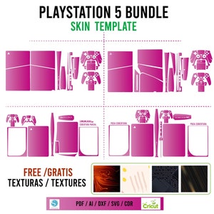 Peut inclure: Un modèle de peau pour console PlayStation 5 rose et blanche avec un modèle de peau pour manette. Le modèle comprend le texte "PLAYSTATION 5 BUNDLE" et "SKIN TEMPLATE". Le modèle comprend également le texte "FREE/GRATIS" et "TEXTURAS/TEXTURES".