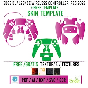 May include: A digital illustration of a pink and green PlayStation 5 DualSense controller skin template. The template includes all the pieces needed to cover the controller. The text "EDGE DUALSENSE WIRELESS CONTROLLER PS5 2023 + FREE TEMPLATE SKIN TEMPLATE" is at the top of the image. The text "FREE/GRATIS TEXTURAS / TEXTURES" is at the bottom of the image. The text "PDF/AI/DXF/SVG/CDR Cricut silhouette" is at the bottom of the image.