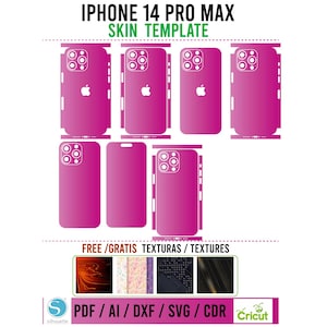 May include: A magenta iPhone 14 Pro Max skin template with multiple cutouts for the phone's components. The image includes the text "IPHONE 14 PRO MAX SKIN TEMPLATE" and file format options: PDF, AI, DXF, SVG, and CDR.