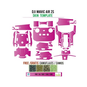 Puede incluir: Una plantilla de piel magenta para un dron DJI Mavic Air 2S. La plantilla incluye varias formas recortadas para el dron y el controlador. La imagen también presenta el texto "FREE/GRATIS CAMUFLAJES / CAMOS" y varias muestras de patrones de camuflaje.