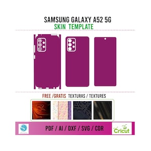 Könnte beinhalten: Eine Vorlage für eine Samsung Galaxy A52 5G Handy-Haut. Die Vorlage zeigt die Vorder-, Rückseite und den Kamerabereich des Telefons. Die Vorlage ist in den Formaten PDF, AI, DXF, SVG und CDR verfügbar. Kostenlose Texturen sind enthalten.