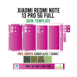 Puede incluir: Una plantilla de piel de teléfono rosa y blanca para el Xiaomi Redmi Note 13 Pro 5G Full. La plantilla incluye todas las piezas necesarias para cubrir la parte delantera, trasera y los lados del teléfono. La plantilla también incluye un patrón de camuflaje gratuito.