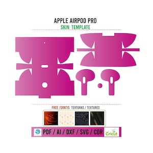 Può includere: Un modello rosa per una skin adesiva per auricolari Apple Airpod Pro. Il modello include la custodia e le due cuffie. Il testo "FREE/GRATIS TEXTURAS/TEXTURES" è sotto il modello. Sotto di esso ci sono quattro piccoli quadrati che mostrano diverse trame. Il testo "PDF/AI/DXF/SVG/CDR Cricut" è sotto le trame.
