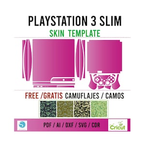 Może przedstawiać: Cyfrowy szablon skóry konsoli PlayStation 3 Slim. Szablon jest pokazany w kolorze różowym i zawiera kontroler. Obraz pokazuje również cztery różne wzory kamuflażu.