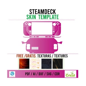 Puede incluir: Una plantilla de piel Steam Deck rosa y blanca con el texto "STEAMDECK SKIN TEMPLATE" en la parte superior. La plantilla incluye un diseño para la parte delantera, trasera y los lados del dispositivo. El texto "FREE/GRATIS TEXTURAS/TEXTURES" está debajo de la plantilla. Se muestran cuatro diseños de textura gratuitos debajo del texto. El texto "PDF/AI/DXF/SVG/CDR" está debajo de las texturas. El logotipo de Cricut está en el lado derecho de la imagen.
