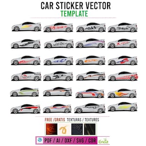 May include: A collection of 20 car sticker vector templates featuring various designs, including flames, tribal patterns, and text. The templates are displayed on a white car silhouette. The image also includes a section with free textures and a note about the file formats available.