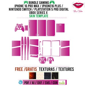 May include: A pink skin template for gaming devices, including iPhone 16 Pro Max, Nintendo Switch, and Playstation 5. The design includes controller and console outlines, with the text "BUNDLE GAMING" and "SKIN TEMPLATE". The image also features the text "FREE TEXTURAS".