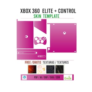 May include: A pink Xbox 360 Elite console and controller skin template. The template includes the console, controller, and front panel. The image also includes a set of four free textures. The template is available in PDF, AI, DXF, SVG, and CDR formats. The image also includes the Cricut logo.