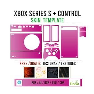 May include: A pink and white digital template for an Xbox Series S console and controller skin. The template includes outlines for the console, controller, and various other parts. The text "XBOX SERIES S + CONTROL SKIN TEMPLATE" is at the top of the image. The text "FREE/GRATIS TEXTURAS/TEXTURES" is below the template. Four small squares with different textures are below the text. The text "PDF/AI/DXF/SVG/CDR" is below the textures. The text "Cricut" is to the right of the text. The text "Silhouette" is to the left of the text.