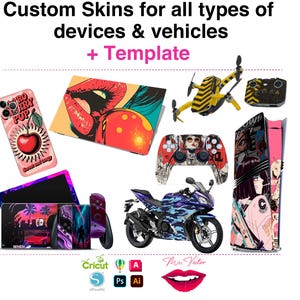 Puede incluir: Una variedad de diseños personalizados para dispositivos y vehículos, incluyendo una funda de teléfono, una tableta, mandos de juegos, un dron, una motocicleta y una consola de juegos. Los diseños presentan varios diseños, incluyendo una cereza, labios y gráficos de estilo anime. El texto dice "Custom Skins for all types of devices & vehicles + Template."