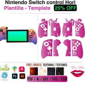 May include: A Nintendo Switch control Hori template with a gradient color scheme. The image includes a Switch console, controller skins, and design software logos. Text reads "25% OFF" and "FREE TEXTURES".
