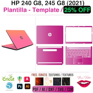 Puede incluir: Ordenador portátil rosa con el logotipo de HP, junto con un diseño de plantilla para los modelos HP 240 G8 y 245 G8. La imagen incluye el texto "Plantilla - Template / 25% OFF" e iconos de software de diseño y formatos de archivo.