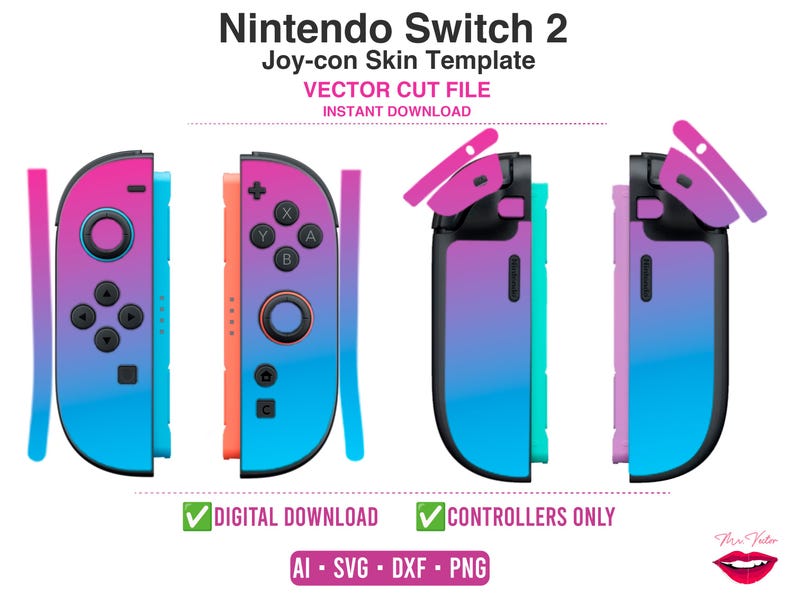 以下が含まれることがあります： ピンクからブルーへのグラデーションデザインが施されたNintendo Switch 2 Joy-conスキンテンプレートのベクターカットファイル。デジタルダウンロードには、コントローラースキン用のAI、SVG、DXF、PNG形式が含まれており、ゲームコントローラーの正面図と側面図が表示されています。
